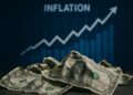 Fotografía horizontal de billetes de dólar arrugados sobre una superficie, con un gráfico de inflación ascendente al fondo desenfocado.