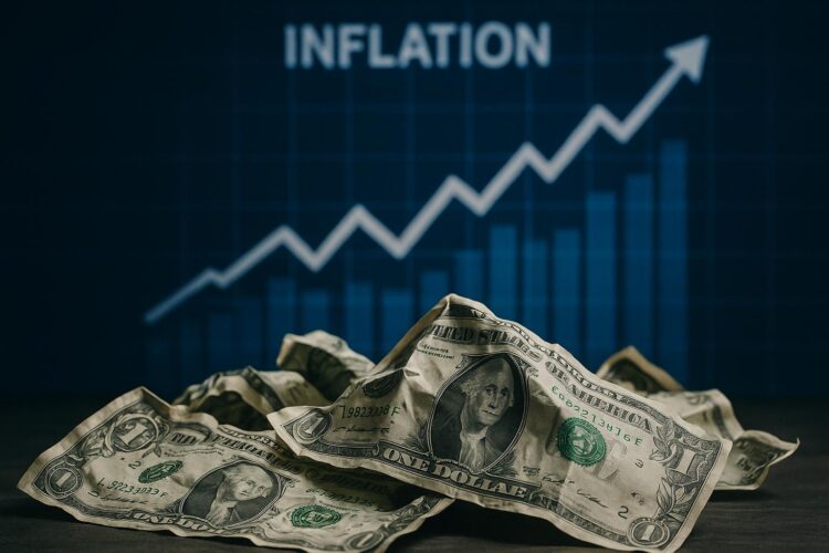 Fotografía horizontal de billetes de dólar arrugados sobre una superficie, con un gráfico de inflación ascendente al fondo desenfocado.