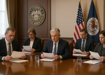 Banqueros de la FED reunidos en sala oficial revisando documentos en un ambiente serio y formal.
