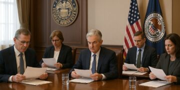 Banqueros de la FED reunidos en sala oficial revisando documentos en un ambiente serio y formal.