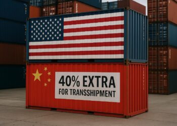 Contenedores apilados con banderas de EE.UU. y China y letrero que indica “40% extra por transbordo”.