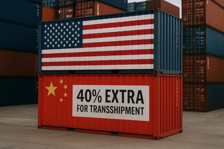 Contenedores apilados con banderas de EE.UU. y China y letrero que indica “40% extra por transbordo”.