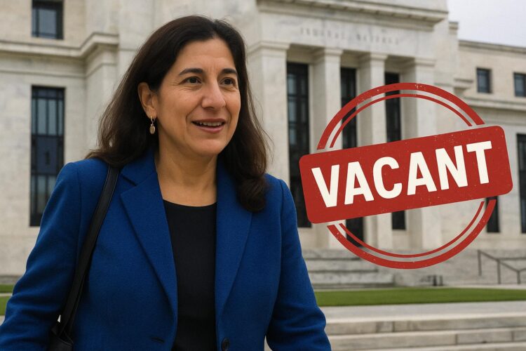 Adriana Kugler frente a la Fed con sello rojo de “vacante” superpuesto en la imagen