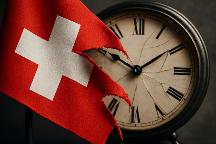 Primer plano de bandera suiza rasgada con reloj antiguo y detenido en segundo plano