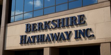 Fachada moderna de las oficinas de Berkshire Hathaway con logo en alto relieve y vidrio reflectante.