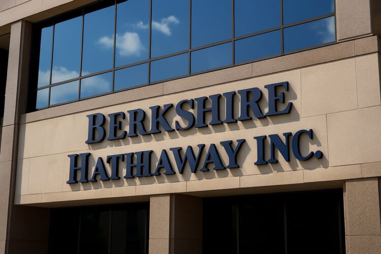 Fachada moderna de las oficinas de Berkshire Hathaway con logo en alto relieve y vidrio reflectante.