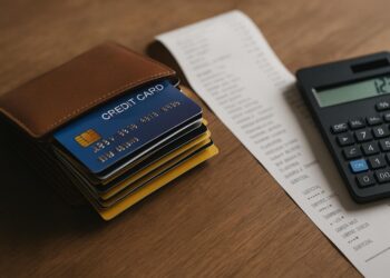 Billetera llena de deudas de tarjetas junto a una factura extensa y una calculadora encendida sobre mesa de madera