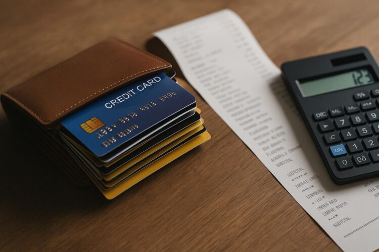 Billetera llena de deudas de tarjetas junto a una factura extensa y una calculadora encendida sobre mesa de madera