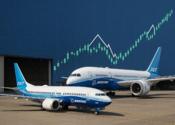 Bank of America recomienda Aviones Boeing 737 y 787 salen de planta con gráfica bursátil alcista de fondo