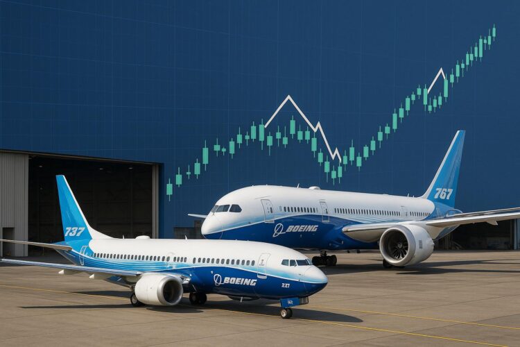 Bank of America recomienda Aviones Boeing 737 y 787 salen de planta con gráfica bursátil alcista de fondo