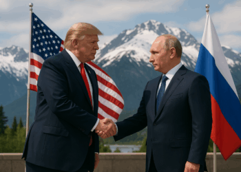 trump y Putin estrechan manos en Alaska, con banderas de Estados Unidos y Rusia de fondo