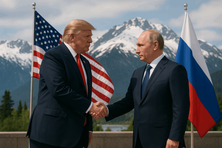 trump y Putin estrechan manos en Alaska, con banderas de Estados Unidos y Rusia de fondo
