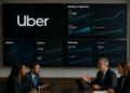 Ejecutivos de Uber reunidos frente a pantallas con gráficos de movilidad, entregas e ingresos