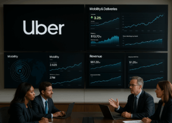 Ejecutivos de Uber reunidos frente a pantallas con gráficos de movilidad, entregas e ingresos
