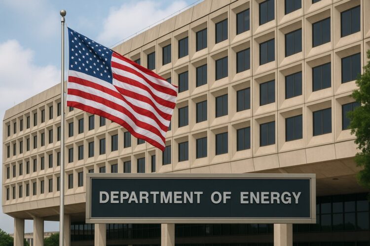 Fachada del DOE en Washington con la bandera de Estados Unidos ondeando en primer plano