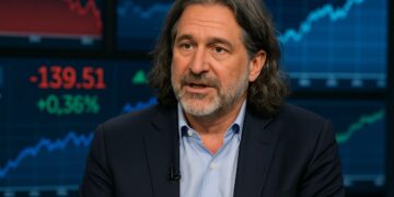 David Zervos de cabello largo en entrevista televisiva, con gráficos financieros en pantallas de fondo