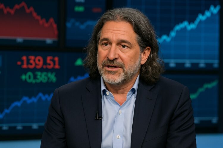 David Zervos de cabello largo en entrevista televisiva, con gráficos financieros en pantallas de fondo