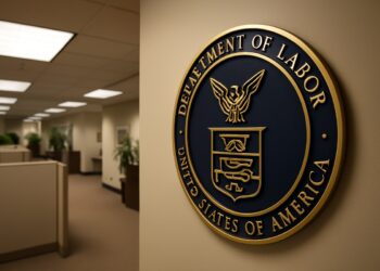Emblema del Departamento de Trabajo en una oficina vacía, tras informe de empleo en EE. UU.