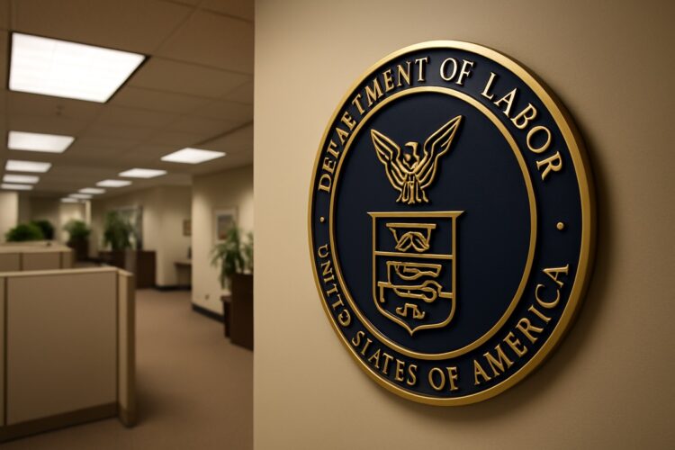 Emblema del Departamento de Trabajo en una oficina vacía, tras informe de empleo en EE. UU.