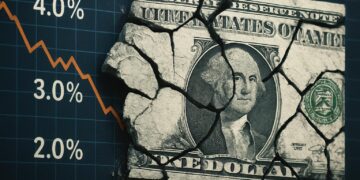 Montaje con billete de dólar roto sobre gráfico de tasas de interés descendente