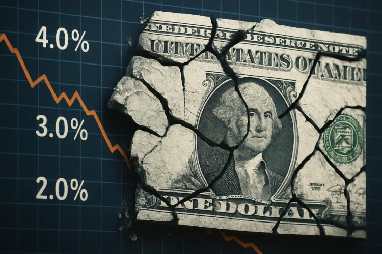 Montaje con billete de dólar roto sobre gráfico de tasas de interés descendente
