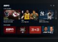 Disney Interfaz de ESPN con partidos de NFL, NBA y MLB destacados en pantalla de streaming horizontal