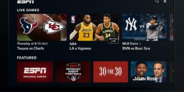 Disney Interfaz de ESPN con partidos de NFL, NBA y MLB destacados en pantalla de streaming horizontal
