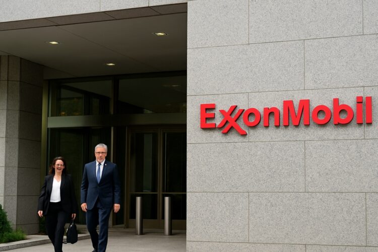 Empleados de Exxon salen del edificio tras presentación de resultados trimestrales.
