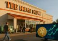 Fachada de Home Depot con clientes entrando en horario matutino y luz suave sobre la entrada