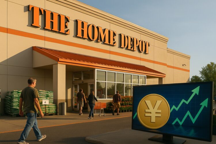 Fachada de Home Depot con clientes entrando en horario matutino y luz suave sobre la entrada