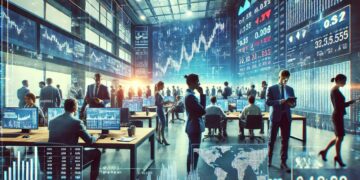 Mercado de acciones financieras con traders analizando datos y gráficos bursátiles en tiempo real.