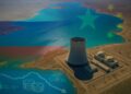 Vista aérea del lago Balkhash con planta nuclear digital y sombras de banderas rusa y china al fondo