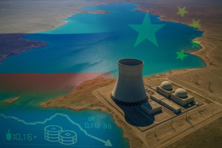 Vista aérea del lago Balkhash con planta nuclear digital y sombras de banderas rusa y china al fondo