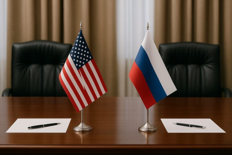 Mesa formal de negociación con banderas de Estados Unidos y Rusia, dos hojas y bolígrafos