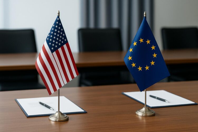 Vista lateral de mesa institucional con banderas de EE. UU. y la UE y documentos de acuerdo y negociación
