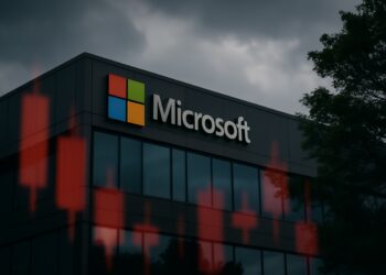 Fachada de Microsoft con cielo nublado y reflejos tenues, tras advertencia de sobrecompra técnica.