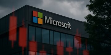 Fachada de Microsoft con cielo nublado y reflejos tenues, tras advertencia de sobrecompra técnica.
