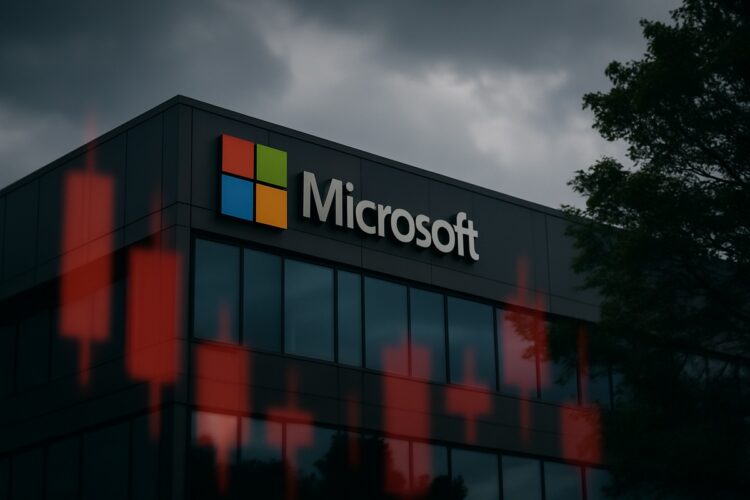 Fachada de Microsoft con cielo nublado y reflejos tenues, tras advertencia de sobrecompra técnica.