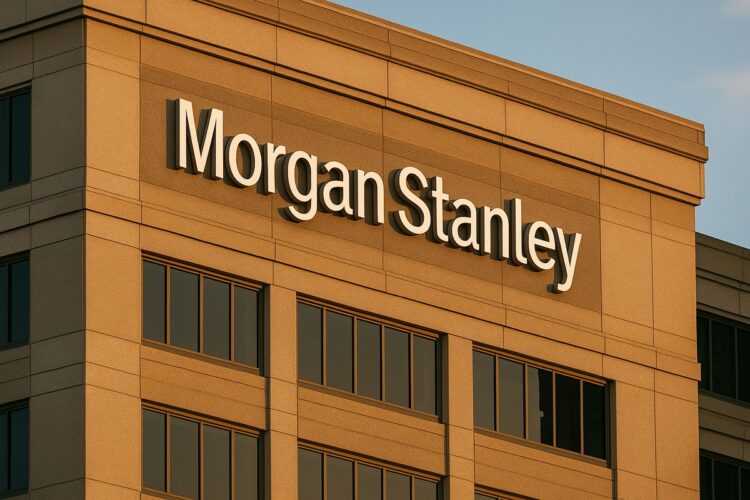 Vista de edificio corporativo con logotipo de Morgan Stanley iluminado al atardecer