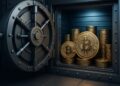 Bóveda digital abierta con tokens de Bitcoin almacenados, en alusión a una reserva estratégica.