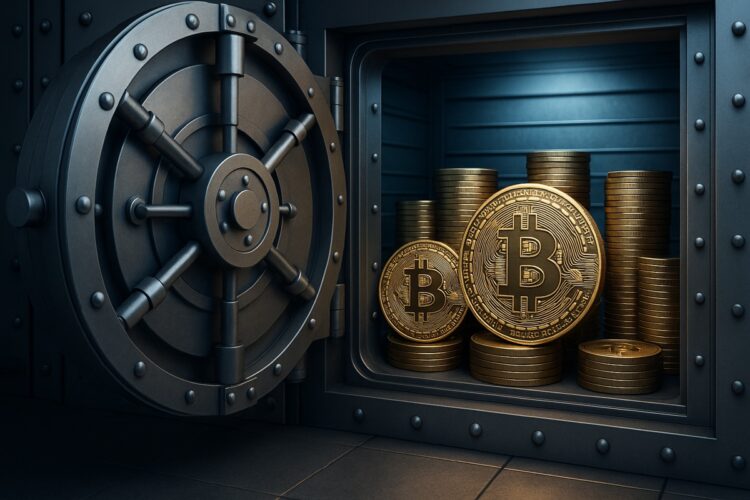 Bóveda digital abierta con tokens de Bitcoin almacenados, en alusión a una reserva estratégica.