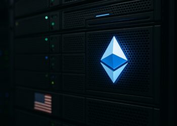 Primer plano de un servidor de minería con el logo de Ethereum iluminado en azul