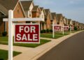 Fila de casas suburbanas con carteles de “Se vende” alineados sobre una calle vacía y soleada, mostrando el mercado inmobiliario