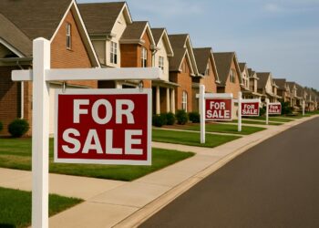 Fila de casas suburbanas con carteles de “Se vende” alineados sobre una calle vacía y soleada, mostrando el mercado inmobiliario