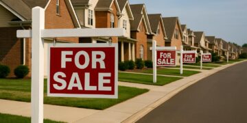Fila de casas suburbanas con carteles de “Se vende” alineados sobre una calle vacía y soleada, mostrando el mercado inmobiliario