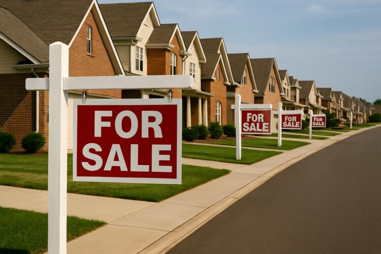 Fila de casas suburbanas con carteles de “Se vende” alineados sobre una calle vacía y soleada, mostrando el mercado inmobiliario