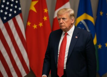 Donald Trump camina serio frente a banderas internacionales tras anunciar nuevos aranceles globales.
