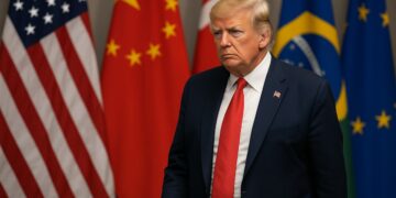 Donald Trump camina serio frente a banderas internacionales tras anunciar nuevos aranceles globales.