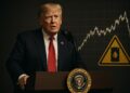 Donald Trump en podio presidencial con gráfico de petróleo en caída y señal de advertencia al fondo