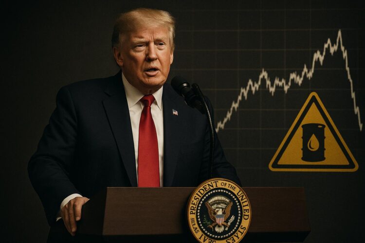 Donald Trump en podio presidencial con gráfico de petróleo en caída y señal de advertencia al fondo